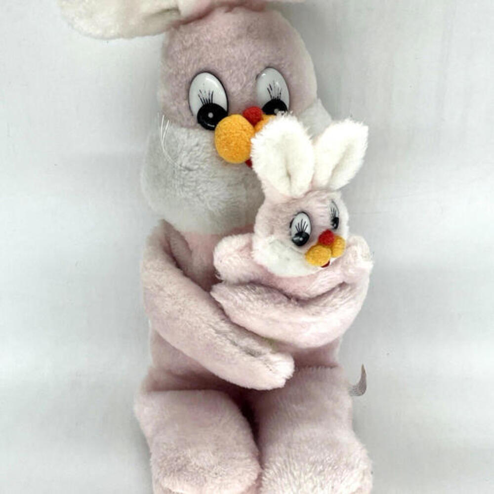 Vintage Interpur Pink‎ Easter Bunny Holding Baby Rabbit Plush 21" Korea